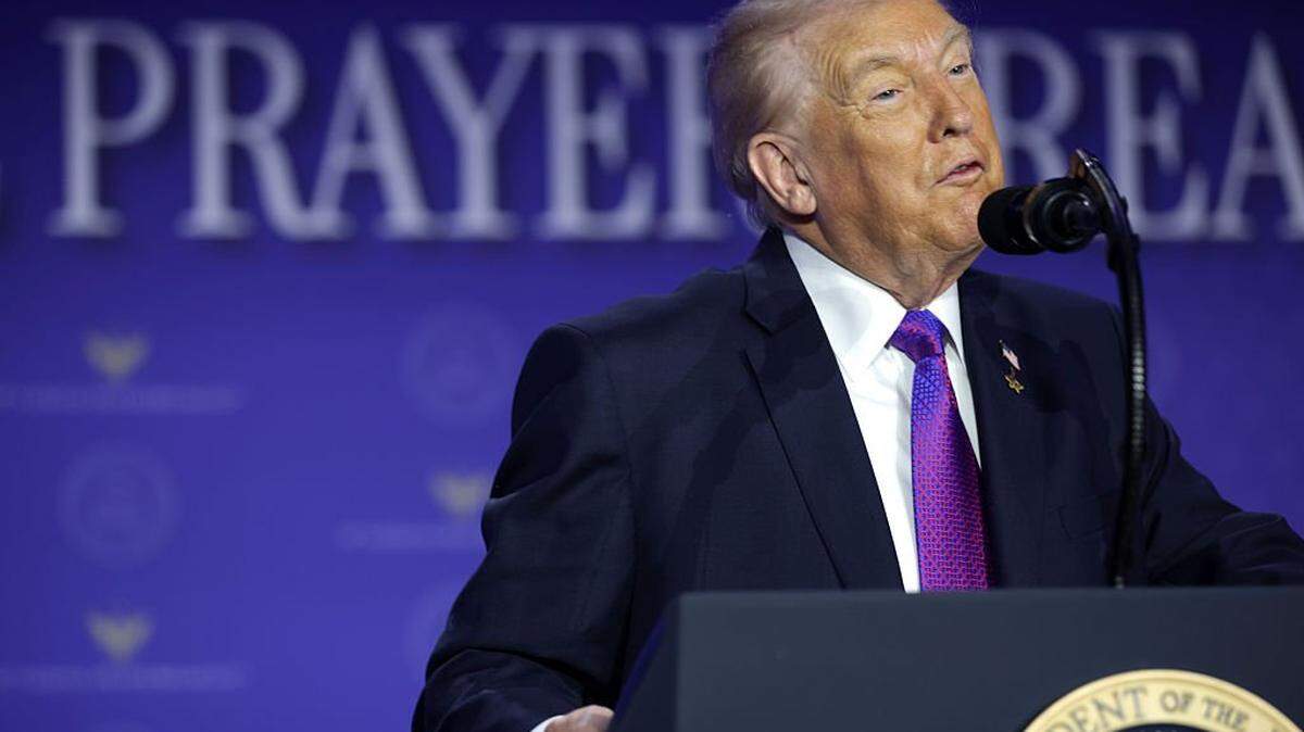 WASHINGTON, DC - FEBRUARY 05:  U.S. President Donald Trump speaks during the 74th annual National Prayer Breakfast at the Washington Hilton on February 5, 2026 in Washington, DC. President Trump is joined by bipartisan Congressional members, business, and religious leaders to pray for the nation. (Photo by Alex Wong/Getty Images)