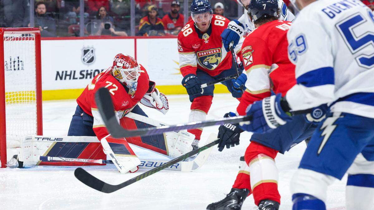 Florida Panthers goaltender Sergei Bobrovsky (72) blocks a shot on goal during the second period of a game against the Tampa Bay Lightning on Monday, March 3, 2025, at Amerant Bank Arena in Sunrise, Fla.