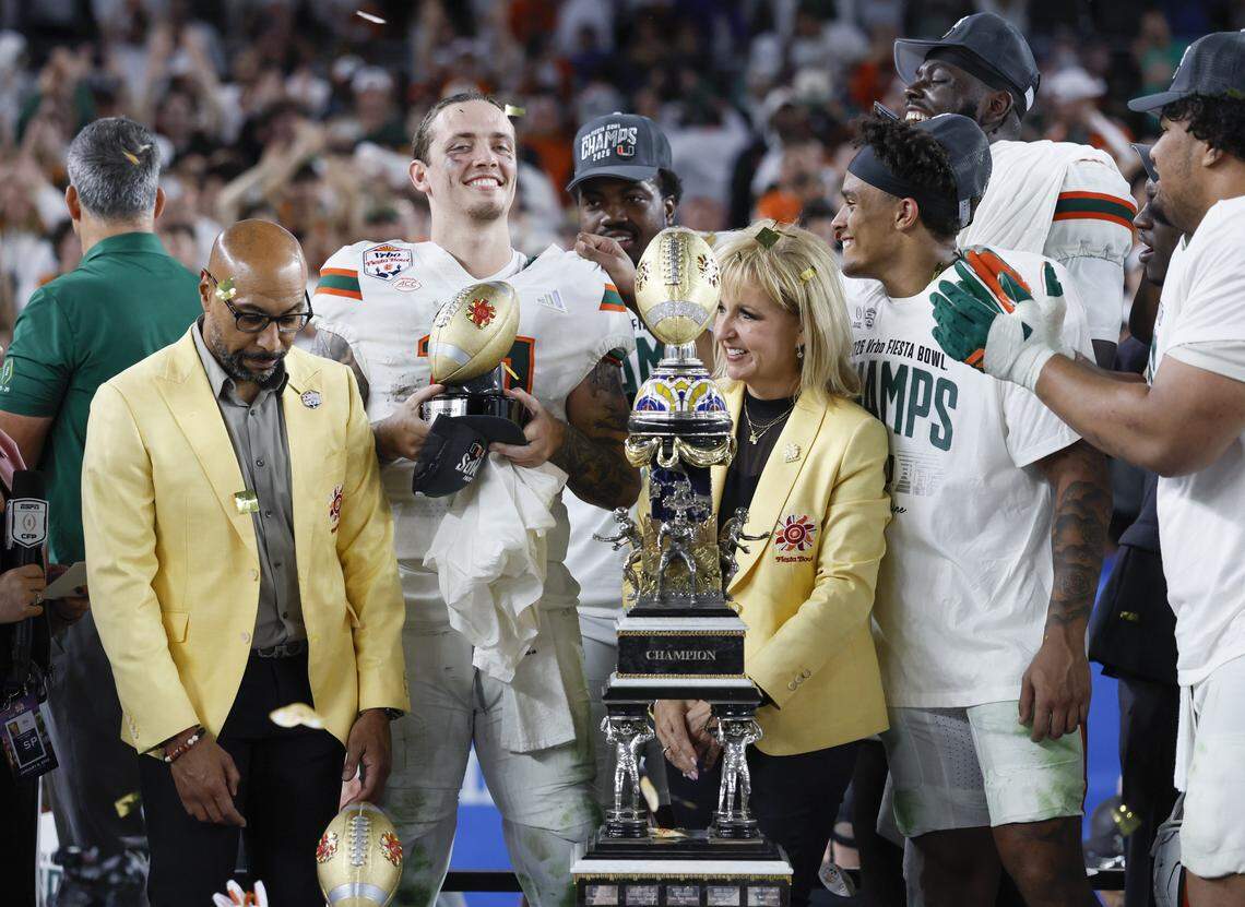 Miami Hurricanes quarterback Carson Beck (11) wins Offensive MVP after defeating the Mississippi Rebels during the College Football Playoff semifinal at the Fiesta Bowl in State Farm Stadium on Friday, January 9, 2026 in Glendale, Arizona.