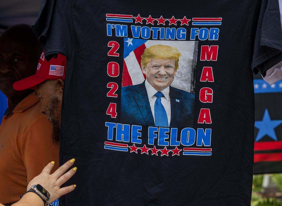 View of Trump t-shirts for sale at the entrance of a late night rally of the former President Donald Trump at Trump National Doral Miami, in Doral on Tuesday, July 09, 2024.