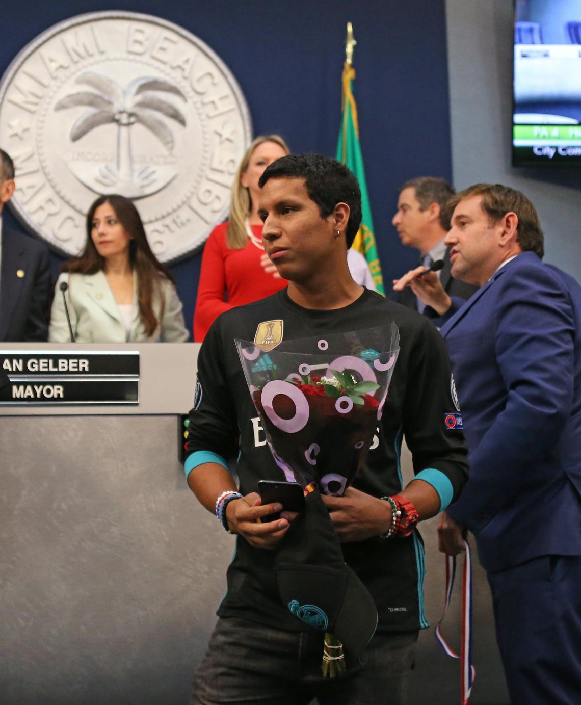 Helmut Muller Estrada was awarded the City of Miami Beach Medallion on Wednesday, April 25, 2018, for attempting to stop four men from beating a gay couple after the city's gay pride parade.