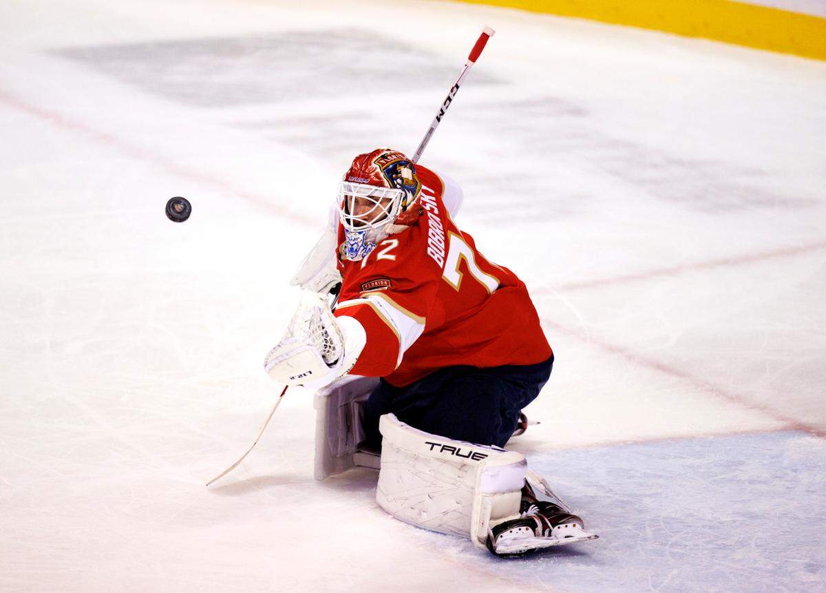 Florida Panthers goaltender Sergei Bobrovsky (72) blocks a shot during the first period of an NHL game against the Chicago Blackhawks at the FLA Live Arena on Thursday, March 31, 2022 in Sunrise, Fl.