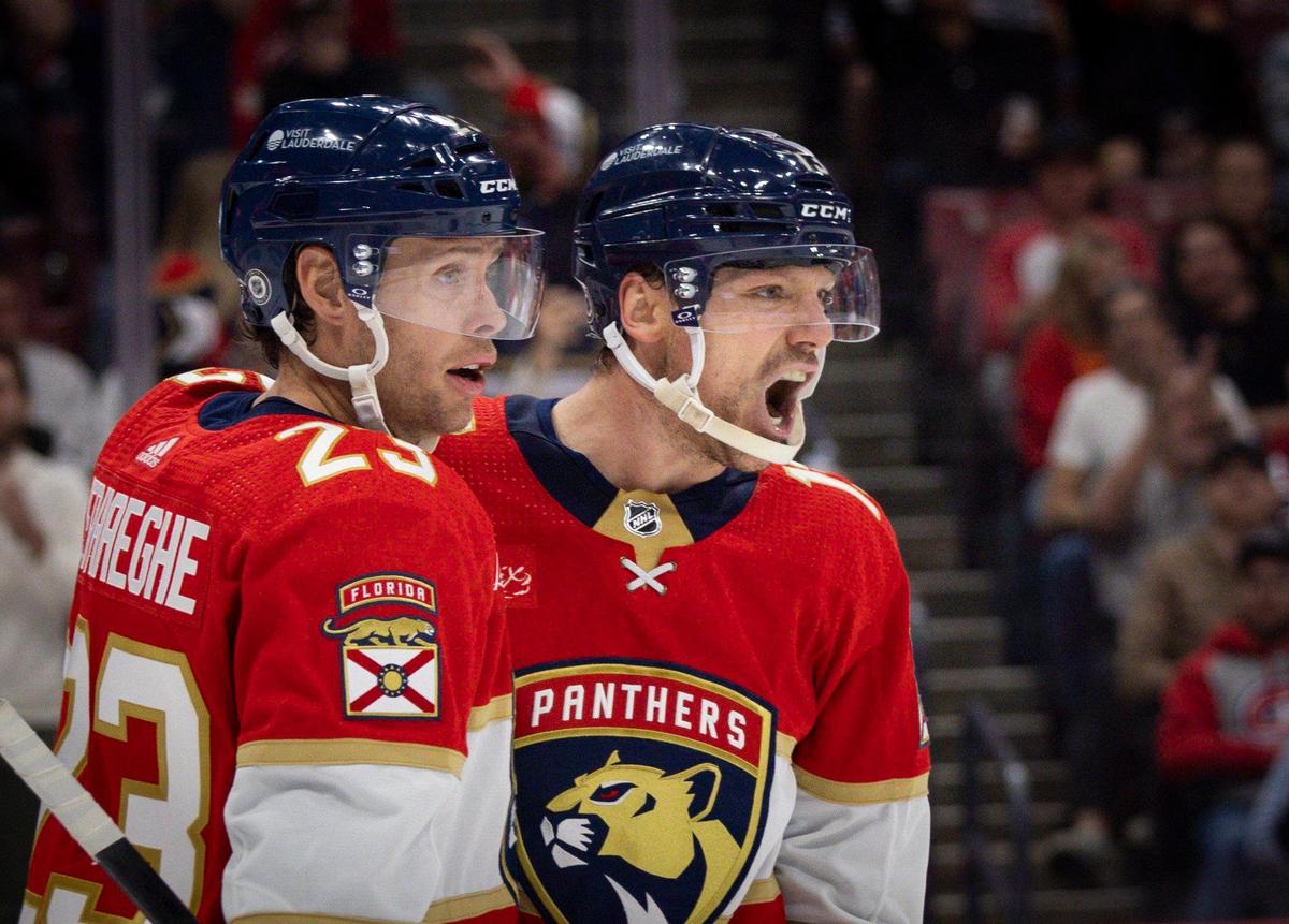 Florida Panthers center Sam Reinhart (13) reacts to his goal during the second period of a hockey game on Thursday, Feb. 29, 2024, at Amerant Bank Arena in Sunrise, Fla. This was Reinhart’s 40th goal of the season.