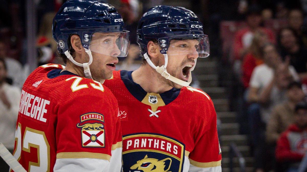 Florida Panthers center Sam Reinhart (13) reacts to his goal during the second period of a hockey game on Thursday, Feb. 29, 2024, at Amerant Bank Arena in Sunrise, Fla. This was Reinhart’s 40th goal of the season.