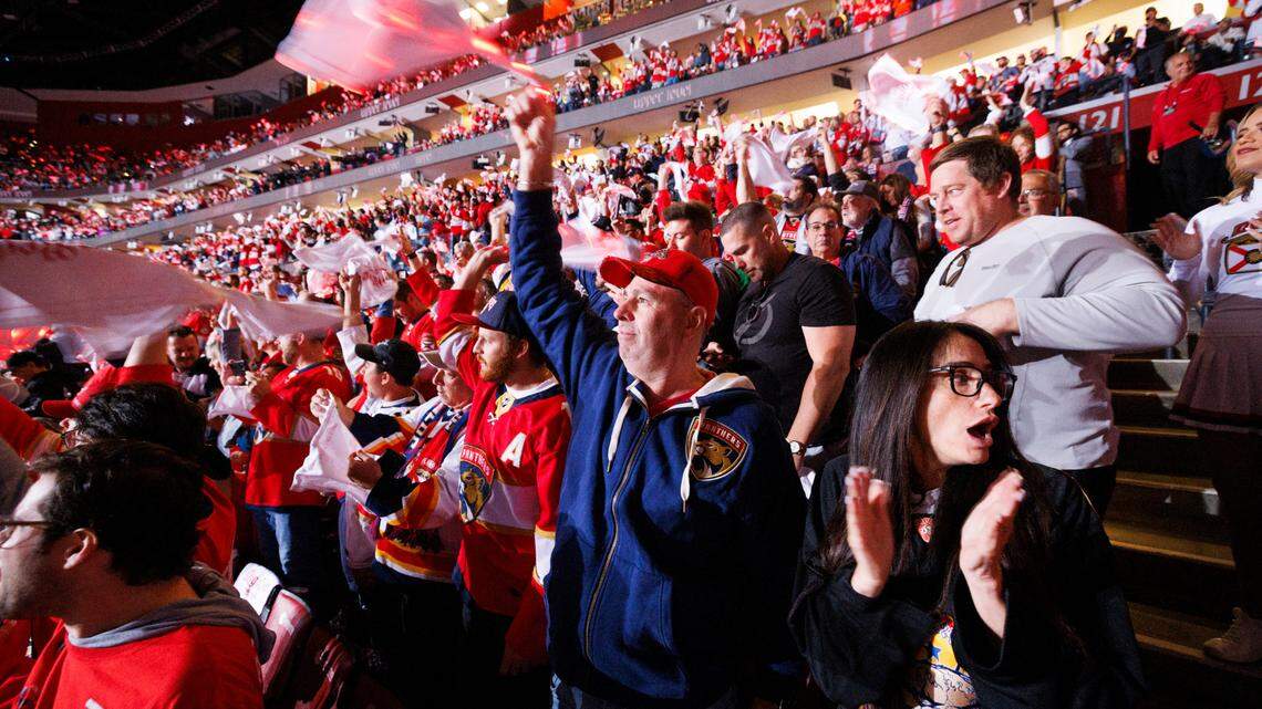 Florida Panthers fans cheer before the first period of Game 3 of the first-round Stanley Cup playoff series against the Tampa Bay Lightning on Saturday, April 26, 2025, at Amerant Bank Arena in Sunrise, Fla.