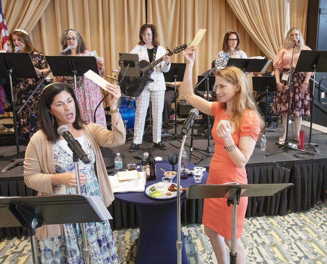 udith Siegal, Rabbi of Temple Judea (left) and Rachel Greengrass, Rabbi of Temple Beth Am, talk about matzah, the bread of affliction that Jewish ancestors ate in the land of Egypt, during Third Annual South Dade Community Women's Passover Seder on Sunday, March 30, 2026 at Temple Judea in Coral Gables. Andrew Uloza / for Miami Herald