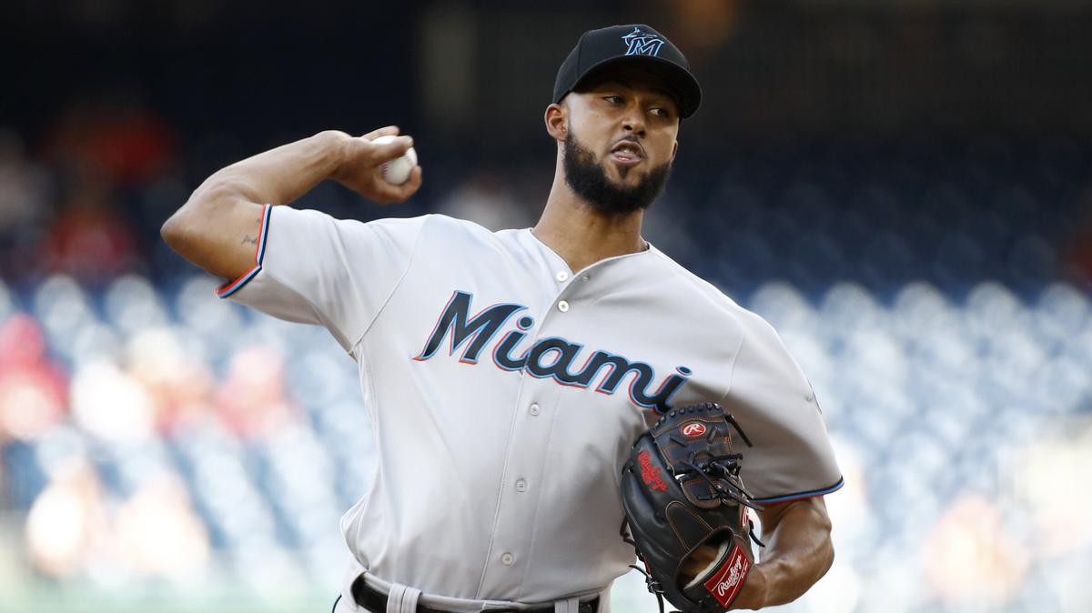 Miami Marlins starting pitcher Sandy Alcantara throws to the Washington Nationals in the first inning of a baseball game, Wednesday, July 3, 2019, in Washington. (AP Photo/Patrick Semansky)