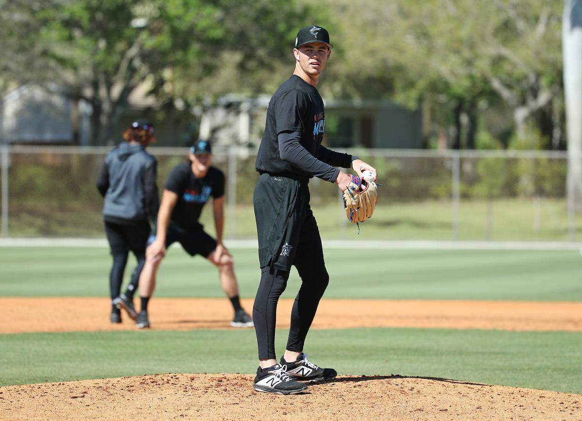 Miami Marlins minor league pitcher Will Stewart runs drills during practice spring training game at the Roger Dean Chevrolet Stadium on Wednesday, March 6, 2019 in Jupiter, FL.