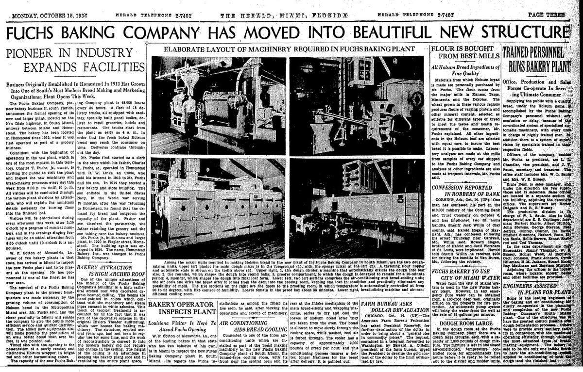 A story about the new Holsum Bakery in South Miami in The Miami Herald on Oct. 15, 1934.