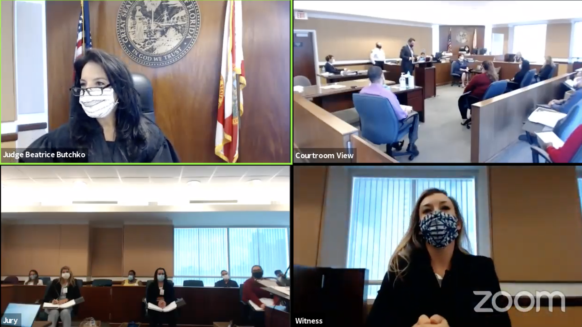 A screen shot of the first jury trial during the COVID-19 pandemic in Florida that was livestreamed on YouTube on July 14, 2020.