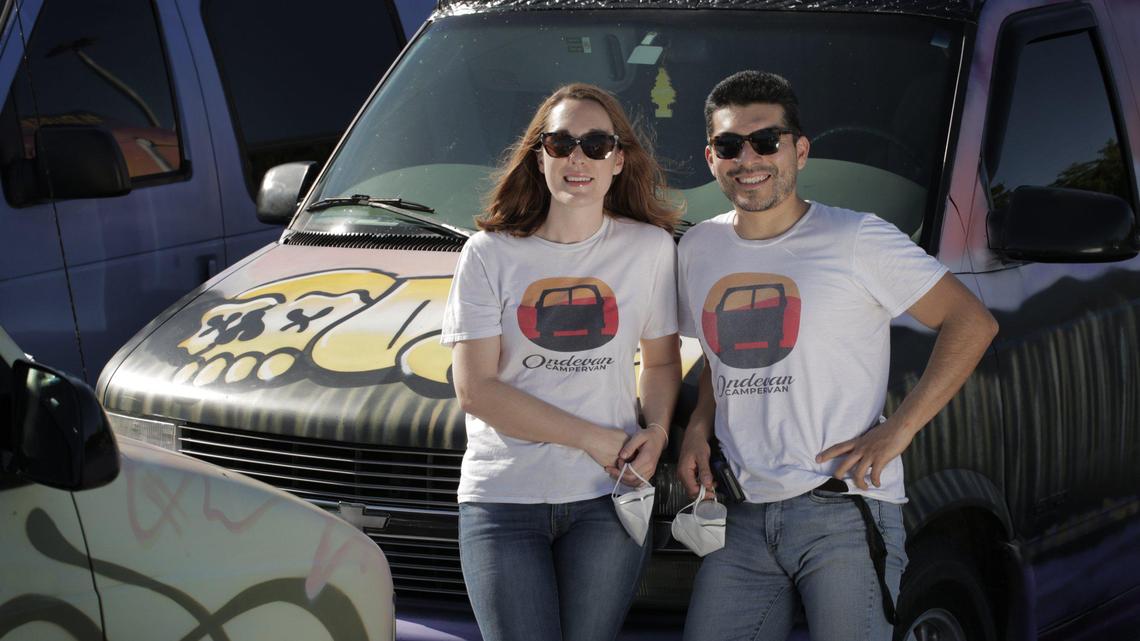 Miami, Florida, May 5, 2020- Left to right, Haley Kirk and Omar Bendezœ, small business owners of Ondevan, a company that provides camper vans to tourists to travel around the country.