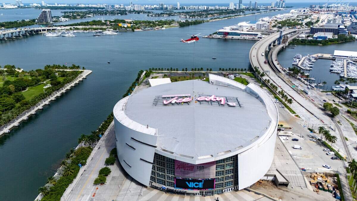 A “Welcome to Vice City” advertising sign promoting Grand Theft Auto VI game is projected on top of the Kaseya Center in Miami on Tuesday, Sept. 22, 2026.