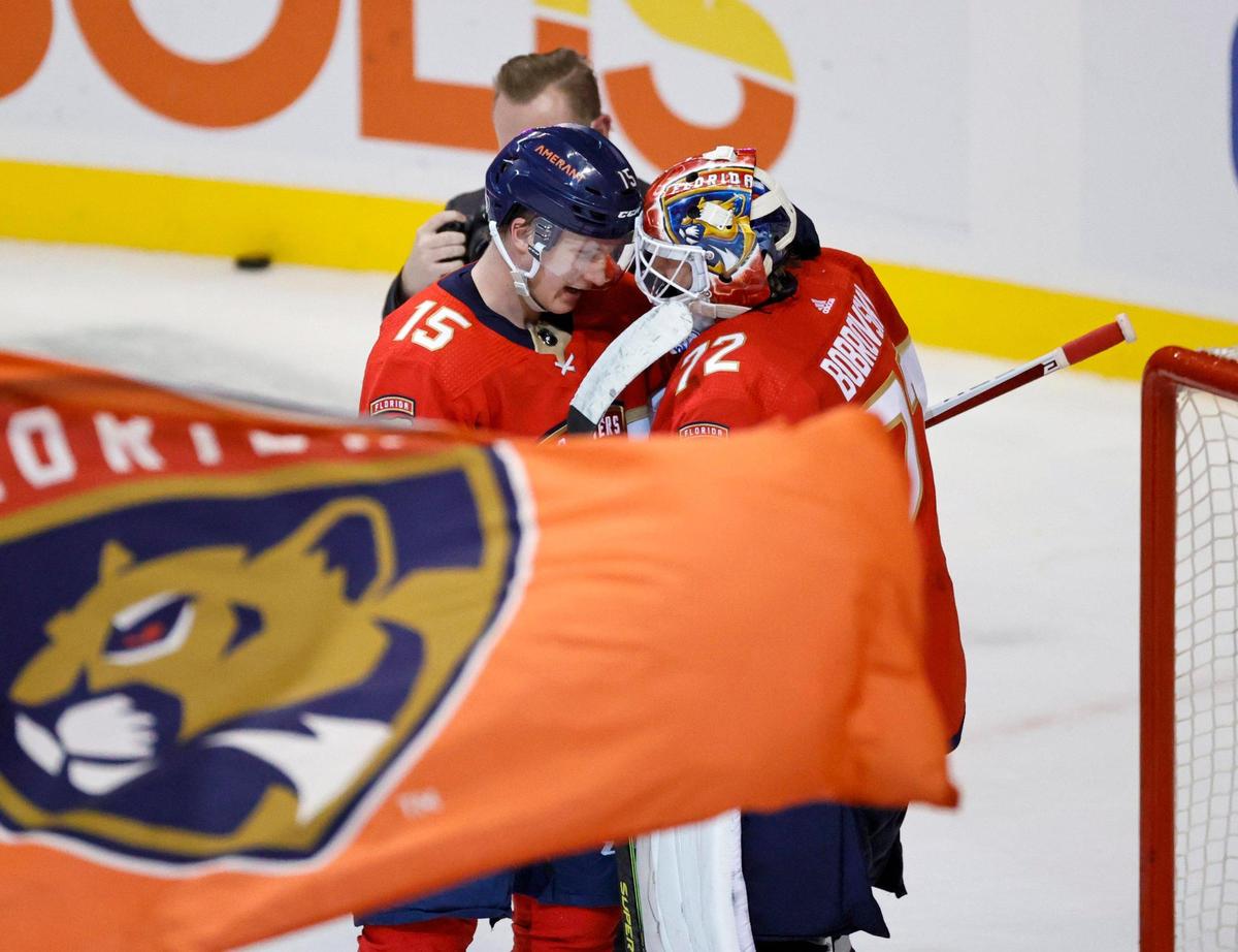 Florida Panthers players Sergei Bobrovsky (72) and Anton Lundell (15) celebrate their 3-0 win over the Ottawa Senators during an NHL game at the FLA Live Arena on Thursday, March 3, 2022 in Sunrise, Fl.