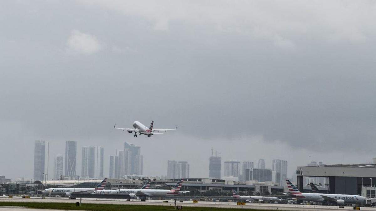 An American Airlines plane takes off from the Miami International Airport in Miami, on June 16, 2021. (Photo by CHANDAN KHANNA / AFP) (Photo by CHANDAN KHANNA/AFP via Getty Images)