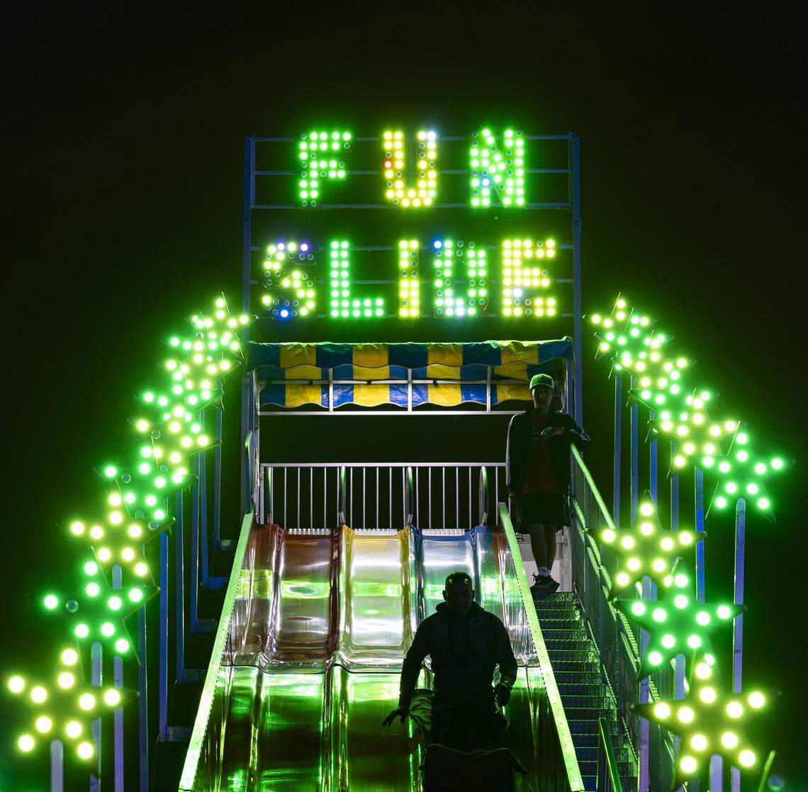 A fun slide attraction is operational during the grand opening of Ripley's Believe It or Not! Christmas Park at Amelia Earhart Park on Thursday, Nov. 13, 2025, in Hialeah, Fla.