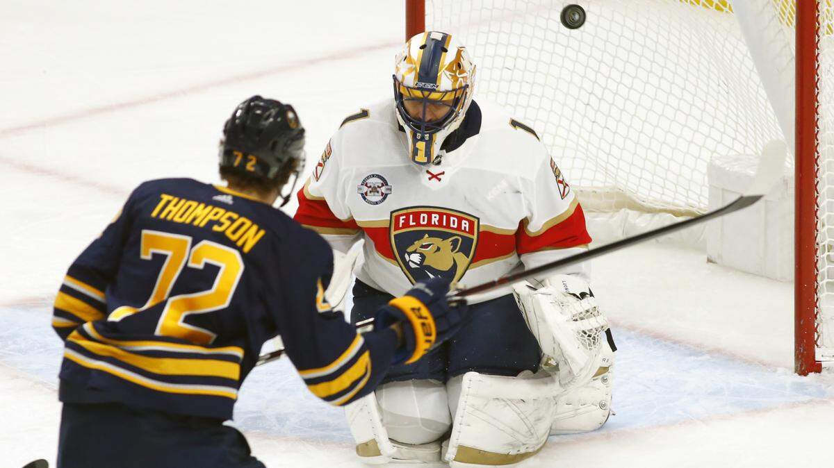 Buffalo Sabres forward Tage Thompson (72) puts the puck past Florida Panthers goalie Roberto Luongo (1) during the first period of an NHL hockey game Thursday, Jan. 3, 2019, in Buffalo N.Y. (AP Photo/Jeffrey T. Barnes)