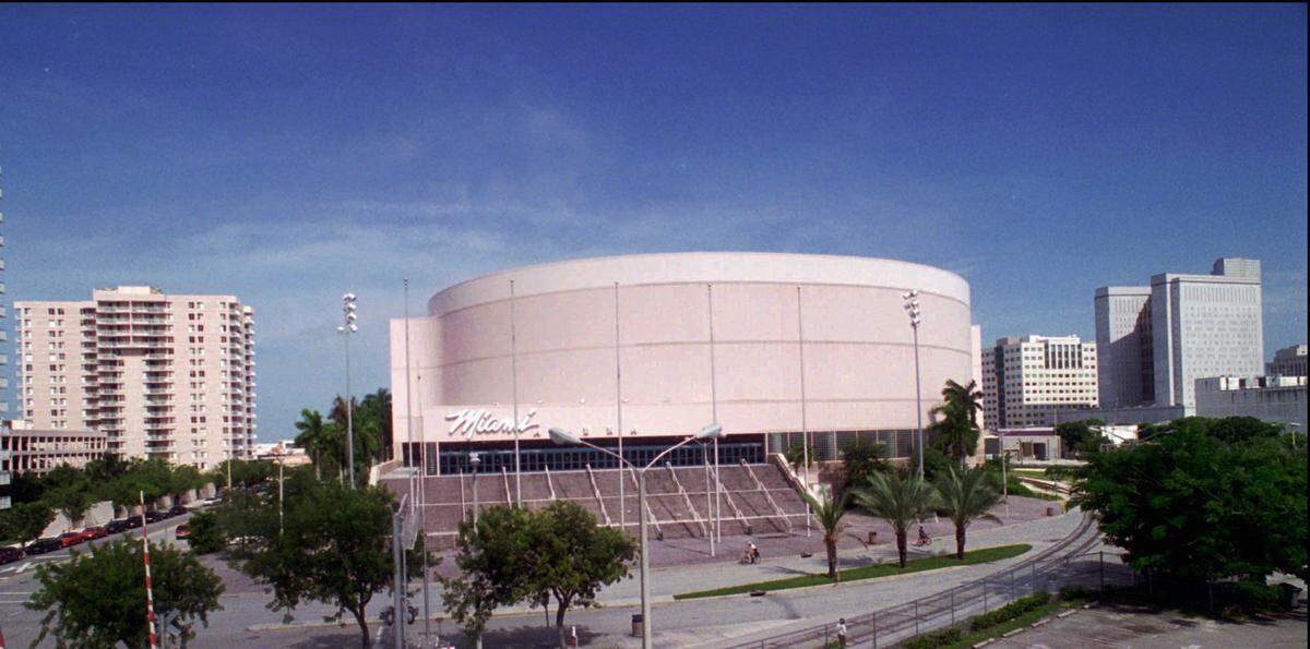 The Miami Arena in downtown Miami is shown Monday Aug. 28, 1995. The arena, built seven years ago with taxpayers’ money, hoped to attract an NBA and an NHL team to the pink building. Since then the Miami Heat and Florida Panthers have moved in and have since decried its shortcomings. Too few seats, not enough luxury boxes and a prohibitive lease for the Panthers have both teams demanding a new arena.