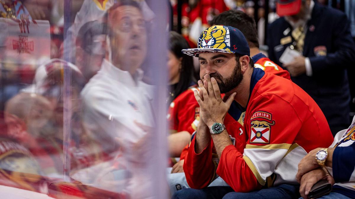Sunrise, Florida, June 18, 2024 - A sad Florida Panthers game watches the action during the second period of Game 5 of the Stanley Cup Final at Amerant Arena in Sunrise, Florida.