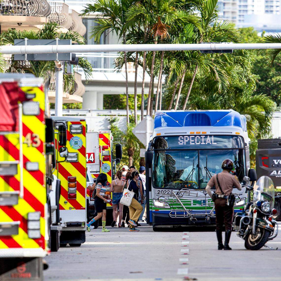 Family and friends load onto a Miami-Dade Metro Bus to be taken back to the ‘reunification center’ after visiting the site of the partially collapsed Champlain Towers South Condo on the fourth day in the Surfside community of Miami Beach, Florida, on Sunday, June 27, 2021. The 12-story oceanfront condo tower at 8777 Collins Ave. crumpled just after 1:30 a.m., on Thursday June 24, trapping an unknown number of residents asleep in their beds inside the wreckage.