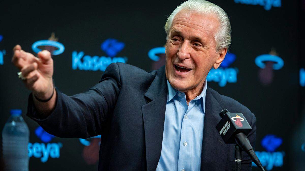 Miami Heat President Pat Riley speaks to the media during the season ending press conference at the Kaseya Center on Tuesday, June 20, 2023 in Miami, Fla.