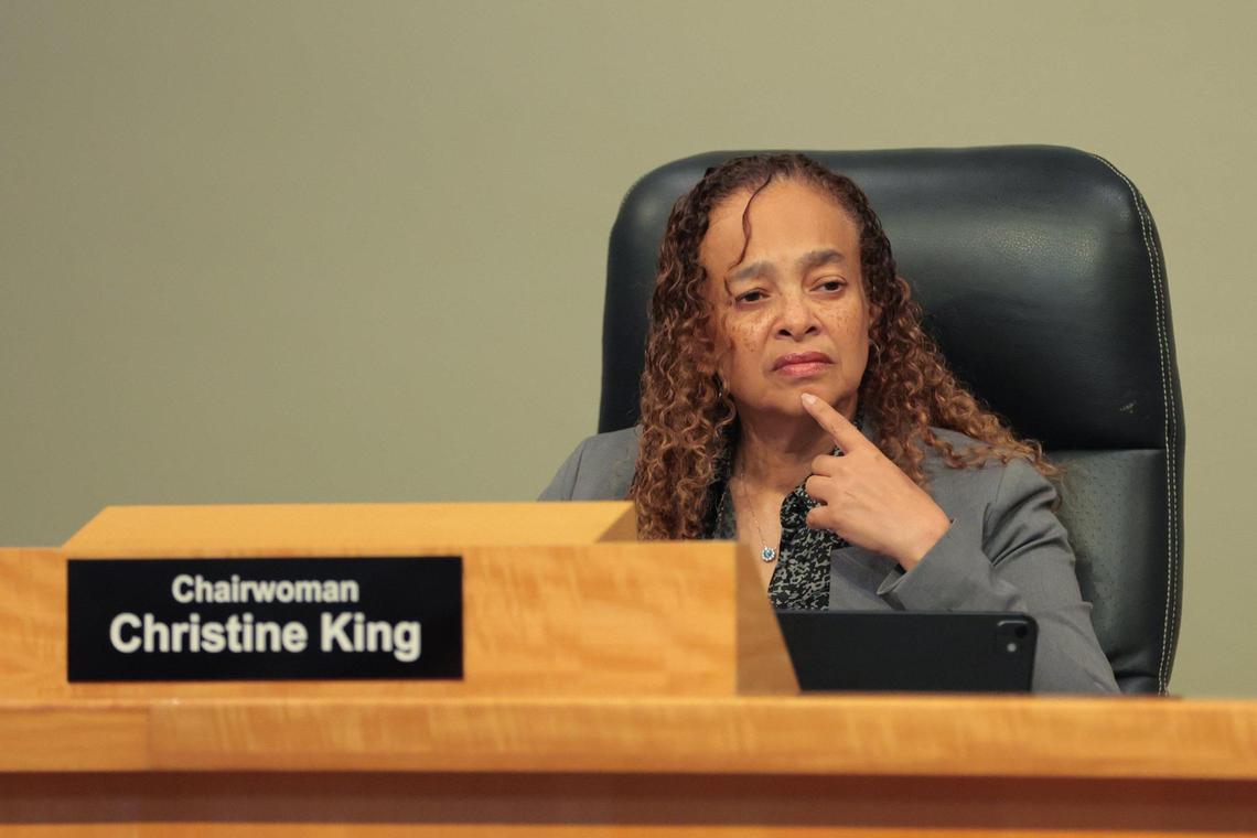 Miami City Commission Chairwoman Christine King listens to public comments during a commission meeting at Miami City Hall in Miami, Florida, Thursday, April 10, 2025.