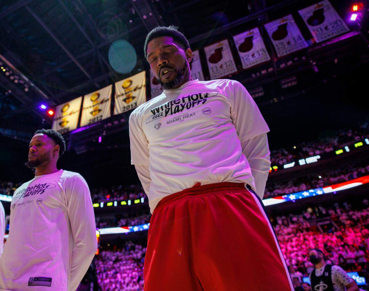 Miami Heat forward Udonis Haslem (40) listens to the national anthem before the start of Game 7 of the NBA Eastern Conference Finals series against the Boston Celtics at FTX Arena in Miami on May 29, 2022.
