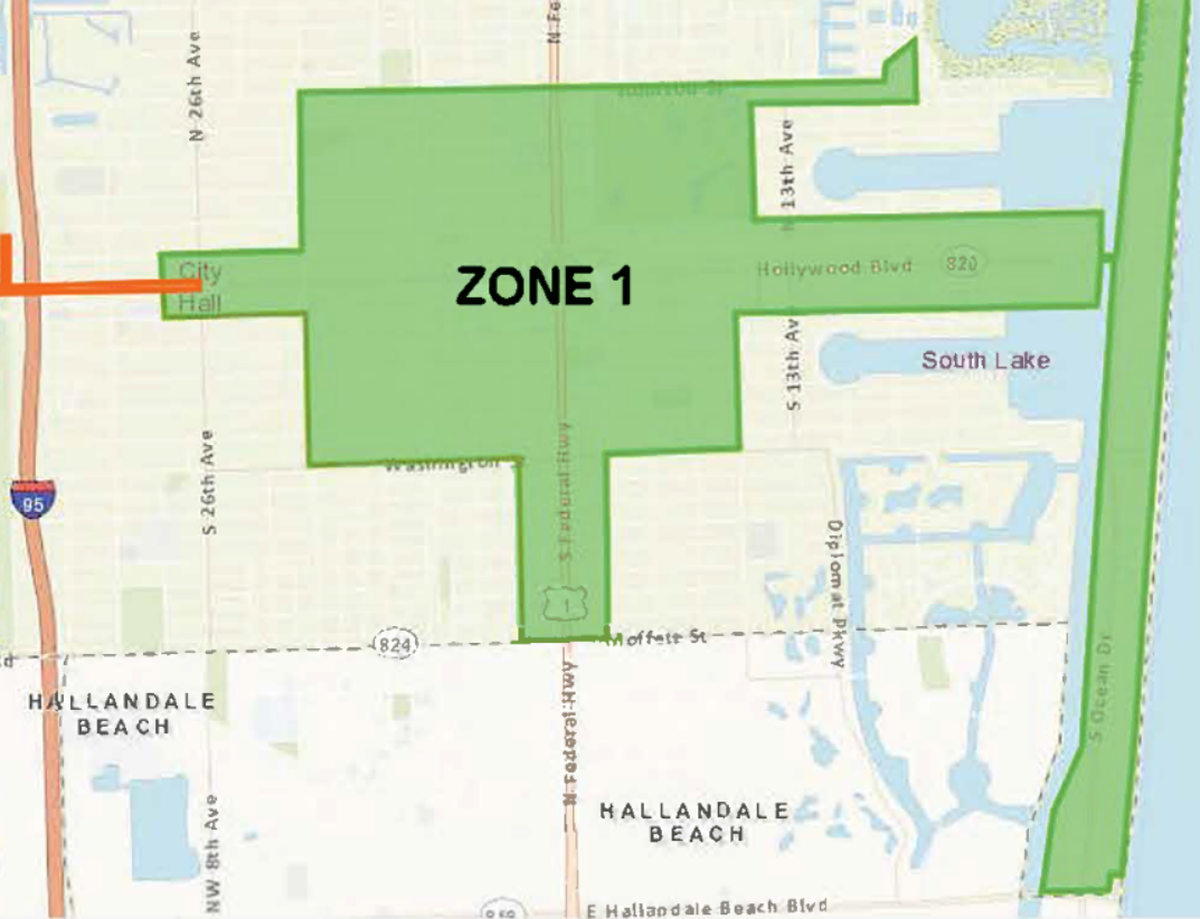 The Zone 1 of Hollywood’s shuttle micro-transit on-demand service goes from city hall in the east to the beach in the west, including portions north and south of Hollywood Boulevard.