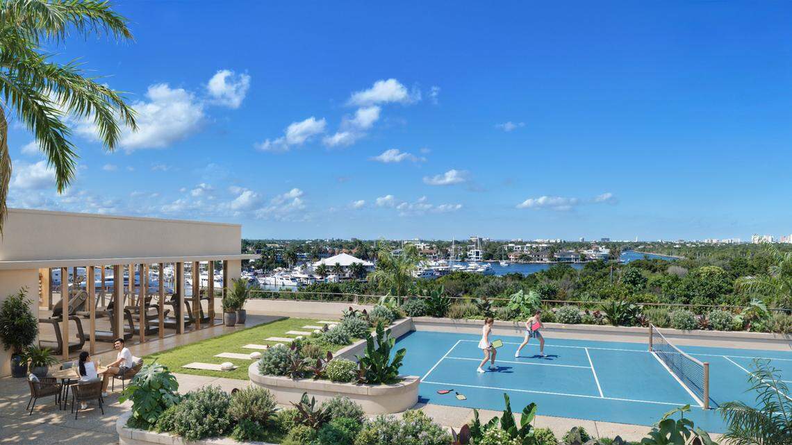 Sereno Fort Lauderdale will offer residents two rooftops, one for a pool and lounge area and another for wellness and fitness. The rooftop on the development’s garage will include a fitness center and pickleball court.
