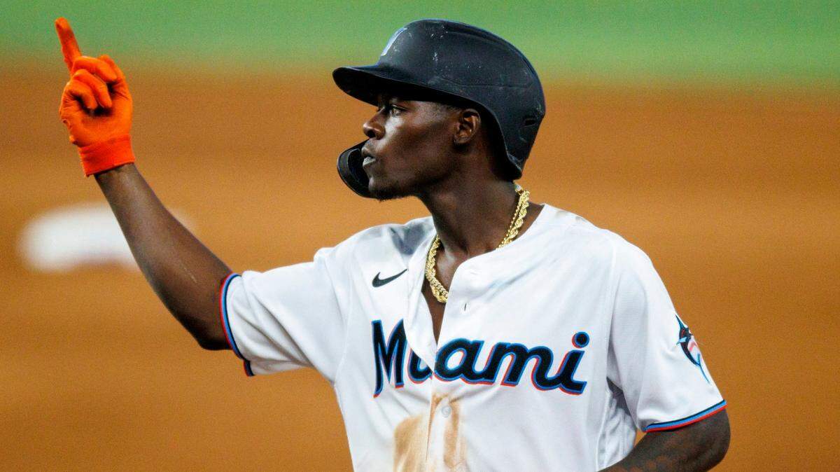 Miami Marlins second baseman Jazz Chisholm Jr. (2) reacts after hitting a single during the eighth inning of the baseball game against the Arizona Diamondbacks at LoanDepot Park on Wednesday, May 4, 2022 in Miami, Florida.