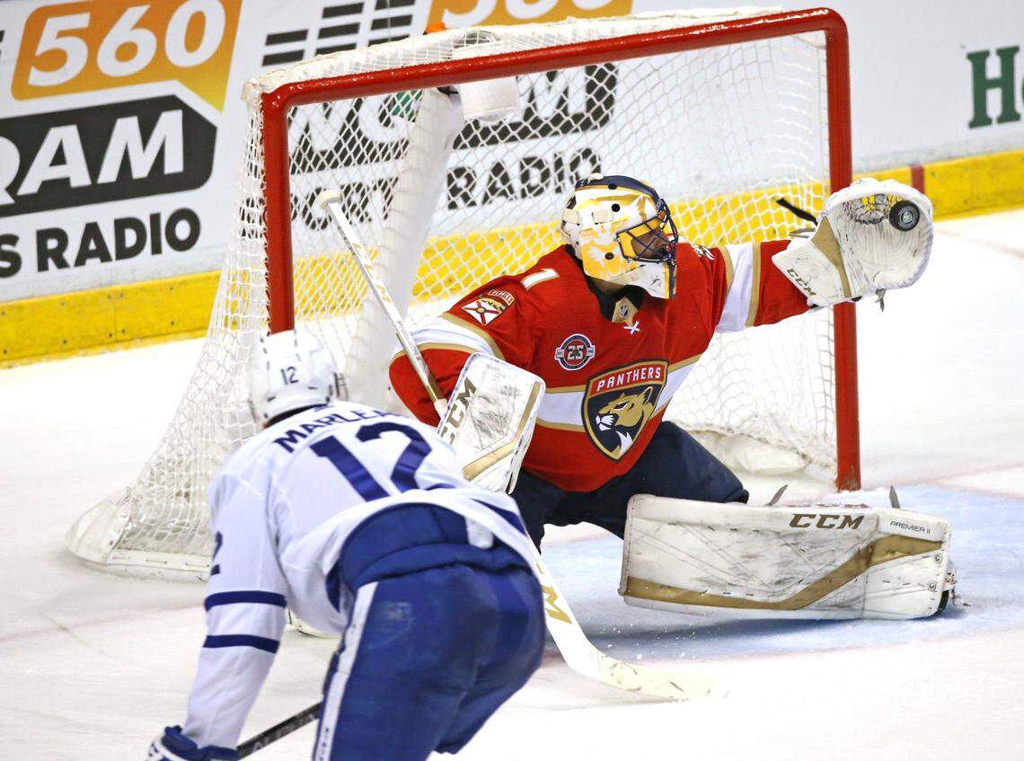 Florida Panthers goalie Roberto Luongo (1) stop a shot by Toronto Maple Leafs center Patrick Marleau (12) during the second period of an NHL regular season hockey game at the BB&T Center on Friday, January 18, 2018 in Sunrise.