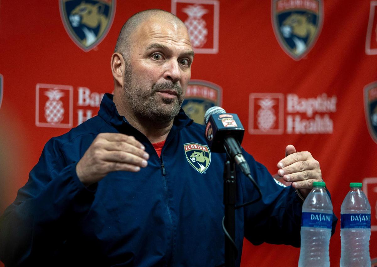 Sunrise, Florida - June 21, 2023 - Florida Panthers General Manager Bill Zito answers questions from reporters during his end-of-the-year press conference to discuss the Panthers’ run to the Stanley Cup Final and the upcoming offseason at FLA Live Arena in Sunrise, Florida.