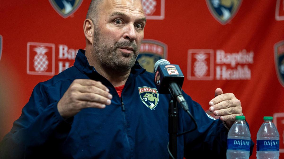 Sunrise, Florida - June 21, 2023 - Florida Panthers General Manager Bill Zito answers questions from reporters during his end-of-the-year press conference to discuss the Panthers’ run to the Stanley Cup Final and the upcoming offseason at FLA Live Arena in Sunrise, Florida.