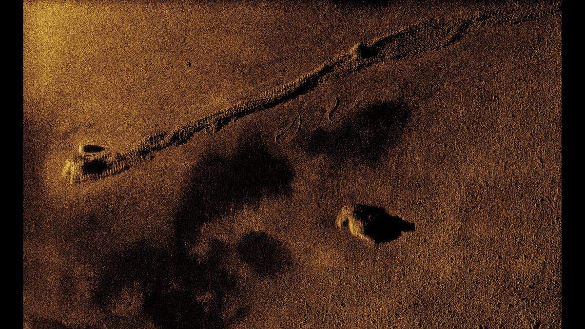 High-resolution sonar revealed numerous sections of anti-submarine netting that have fallen over time. This photo shows a 164-foot long stretch of netting off Attu.