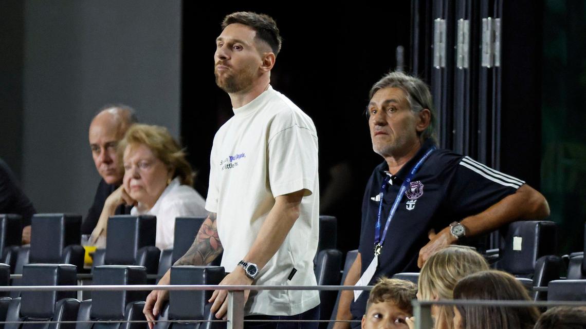 Inter Miami forward Lionel Messi (10) watches the match against with Monterrey during the CONCACAF Champions Cup quarterfinal soccer match at Chase Stadium in Fort Lauderdale, Fla., on Wednesday, April 3, 2024.