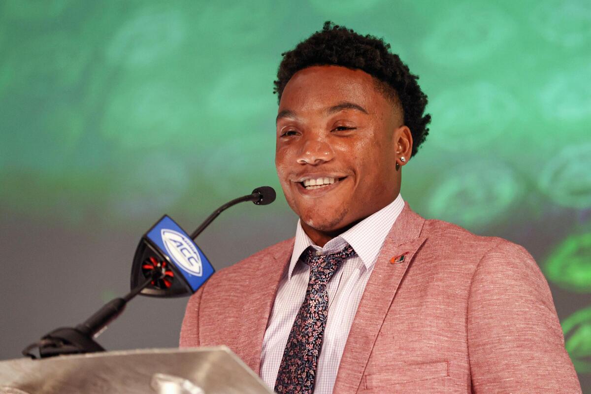 Miami quarterback D’Eriq King answers a question during the NCAA college football Atlantic Coast Conference media days in Charlotte, N.C., Wednesday, July 21, 2021. (AP Photo/Nell Redmond)