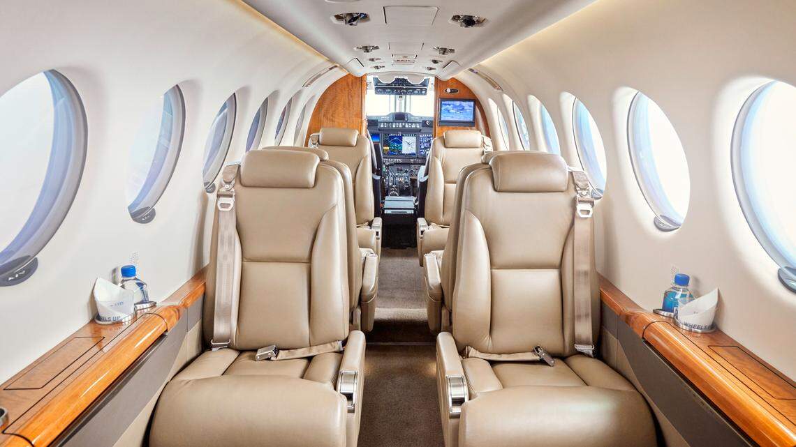 The interior of one of Wheels UP’s KingAir 350i jets.