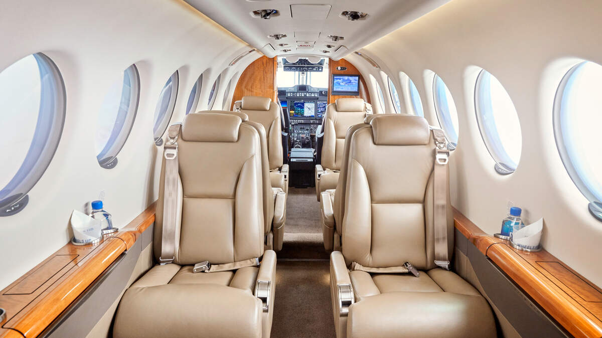 The interior of one of Wheels UP’s KingAir 350i jets.