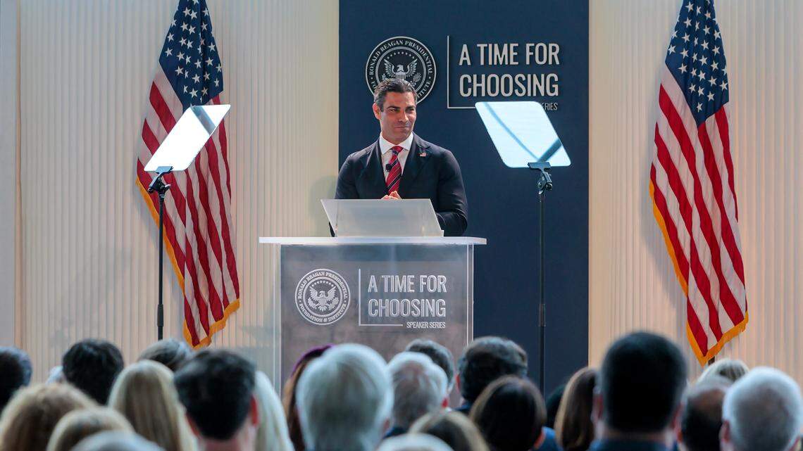 Miami Mayor Francis Suarez gives his first speech as a candidate for the 2024 Republican presidential nomination at the Ronald Reagan Presidential Library in Simi Valley, California on Thursday, June 15, 2023.