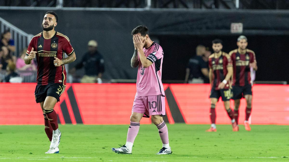 Inter Miami forward Lionel Messi (10) reacts after Atlanta United scored a goal in the first half of match three of their MLS Playoffs series at Chase Stadium on Saturday, Nov. 9, 2024, in Fort Lauderdale, Fla.