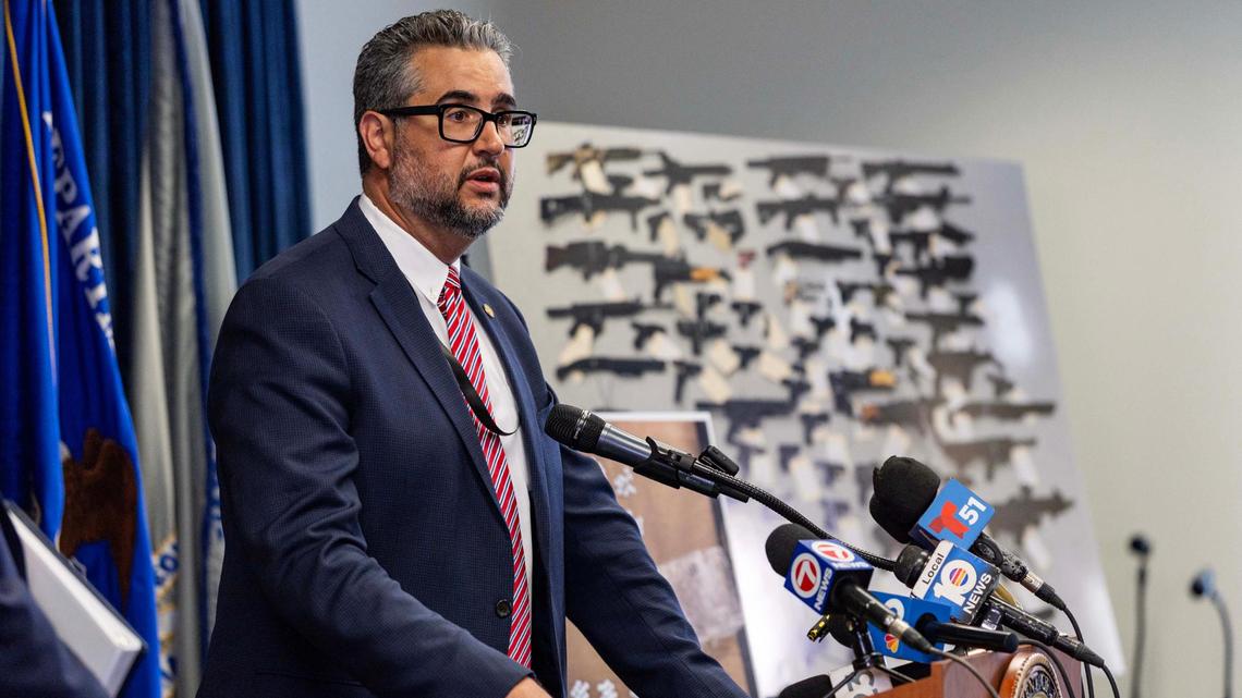 U.S. Attorney Hayden P. O’Byrne for the Southern District of Florida speaks to media regarding the capture of weapons and drugs during a joint press conference at the U.S. Attorney’s Office for the Southern District of Florida on Monday, June 23, 2025, in Downtown Miami, Fla.