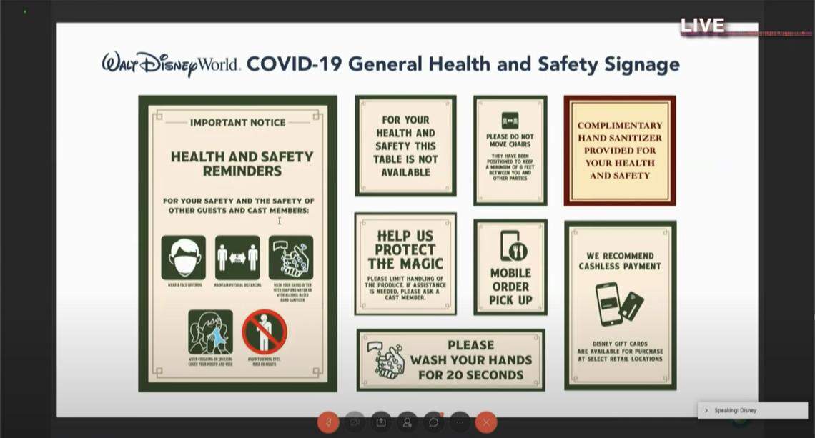 The Walt Disney Company presented to the Orange County Economic Recovery Task Force on Wednesday, May 27, some of the health and social distancing signs and markings park visitors will find throughout its theme parks.