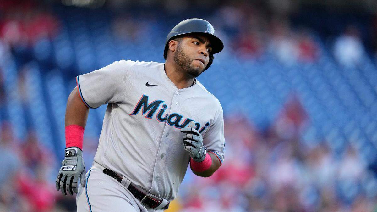 Miami Marlins’ Jesus Aguilar plays during a baseball game against the Philadelphia Phillies, Tuesday, June 29, 2021, in Philadelphia. (AP Photo/Matt Slocum)