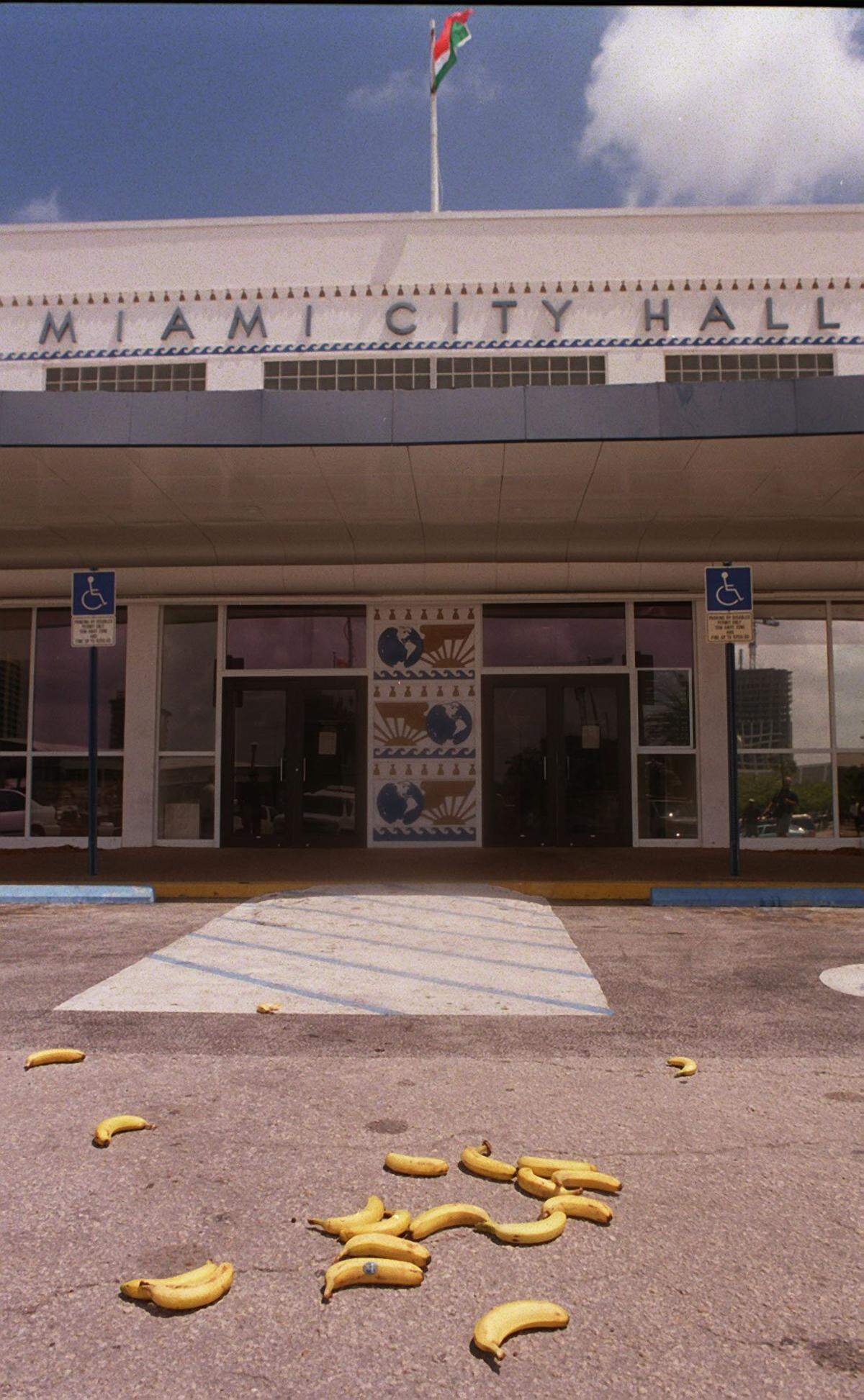 Several women drove by Miami City Hall in 2000 and dropped these bananas to make a statement about a "Banana Republic."
