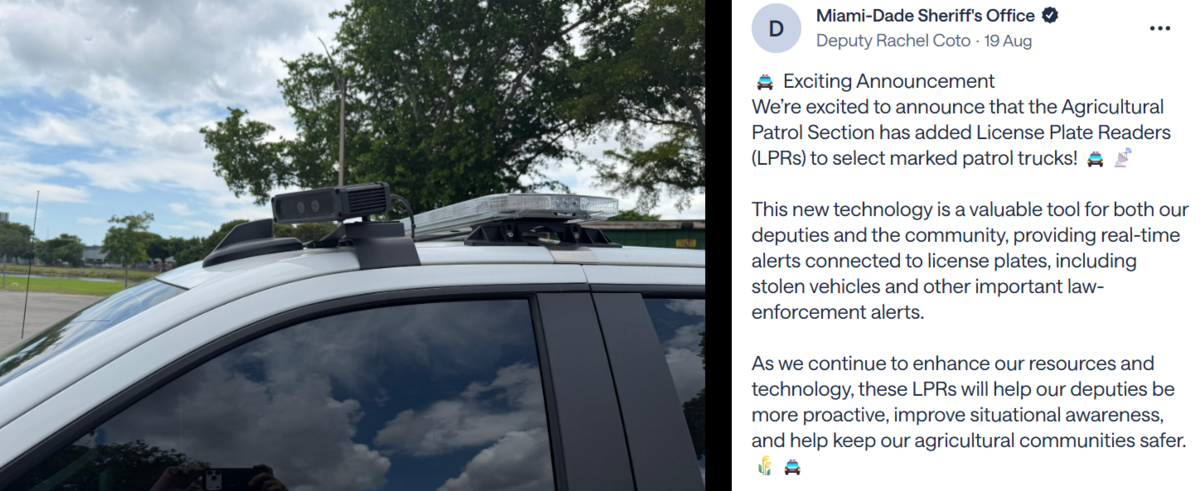 Just weeks before the Miami-Dade Sheriff’s Office announced the suspension of its entire license plate reader program, it had posted on Nextdoor that it would be implementing the tech on some of its patrol trucks.