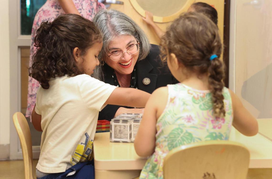 Mayor Daniella Levine Cava spends time in the toddler room before the affordable housing roundtable at United Way Center for Excellence in Early Education on Tuesday, July 12, 2022, in Miami.