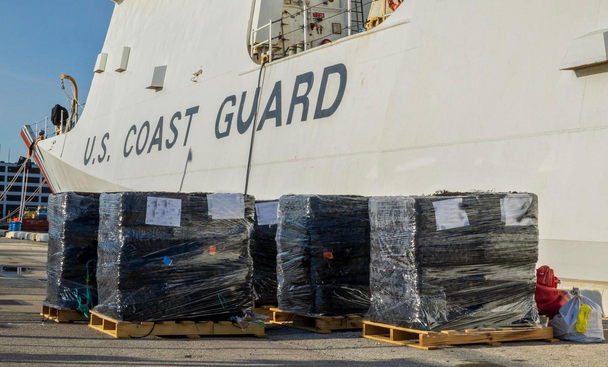 Part of the 45,000 pounds of cocaine, worth more than $517.5 million, seized by the U.S. Coast Guard and offloaded at Port Everglades in Fort Lauderdale on Thursday March 20, 2024.