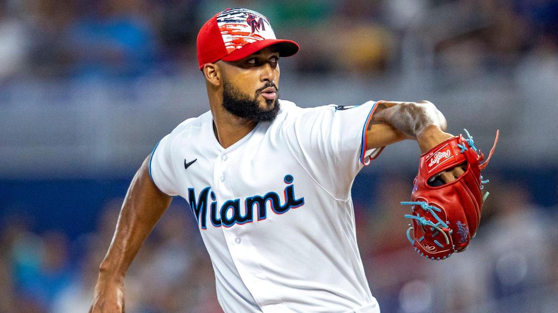 Miami Marlins pitcher Sandy Alcantara (22) throws the ball during the first inning of an MLB game against the Los Angeles Angels at loanDepot park in the Little Havana neighborhood of Miami, Florida, on Tuesday, July 5, 2022.