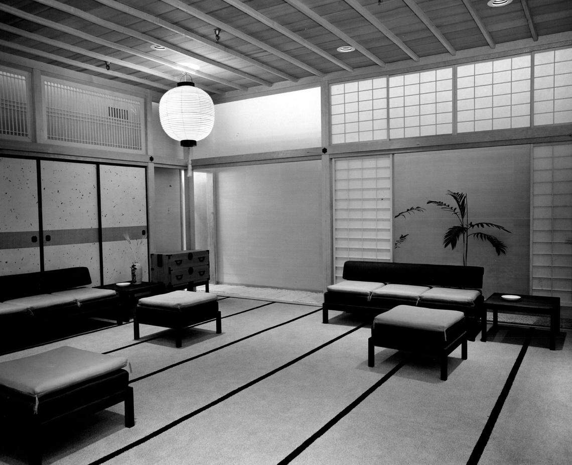 The Designer Dress Salon at the Saks Fifth Avenue store on Lincoln Road in, Miami Beach. The Japanese look was inspired by the house in the garden of the Museum of Modern Art in New York City. Adam L. Gimbel, president of Saks, visited the house and was impressed by its simple elegance. He asked the firm of Leavitt, Henshell and Kawai, New York, to duplicate it with the help of two Japanese craftsmen, Roy Mitsuto and Nao Oshiro. St the time, an expansion program of the Lincoln Road store added a second story to the building and increased store dimensions by 66%. Cost of alterations approximated $400,000.