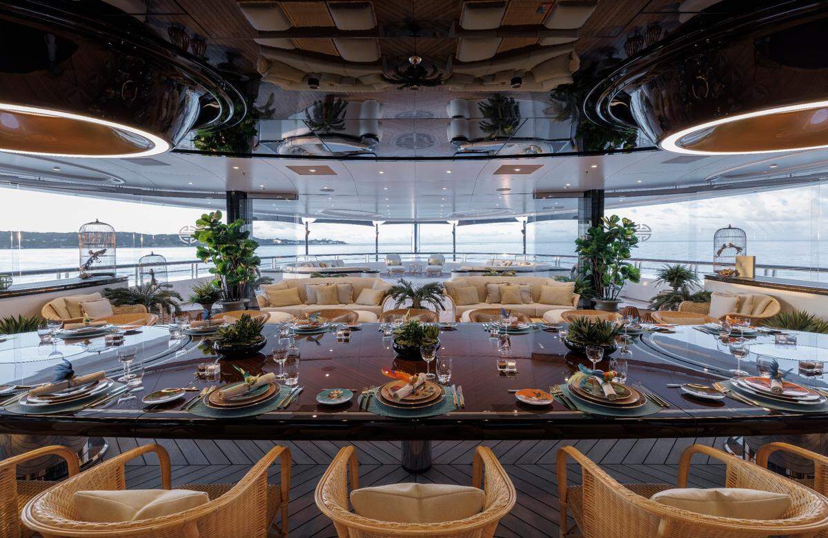 This is a dining area inside the Ahpo superyacht.