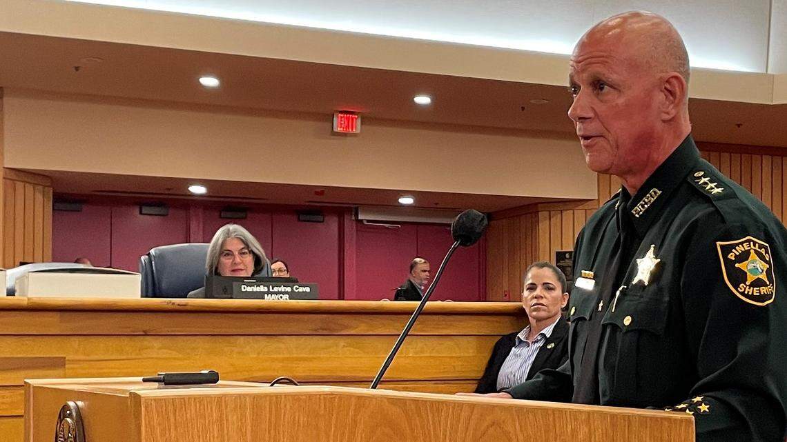 Pinellas County Sheriff Bob Gualtieri, representing the Florida Sheriffs Association, speaks against limiting the powers of a future Miami-Dade sheriff at a May 5, 2022, County Commission meeting. His group sued to block the county’s plan to keep most police powers under the county mayor, currently Daniella Levine Cava, pictured in the background.